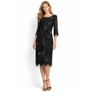 1990s Argent Matte Silk Beaded Cocktail Dress Black Size 8